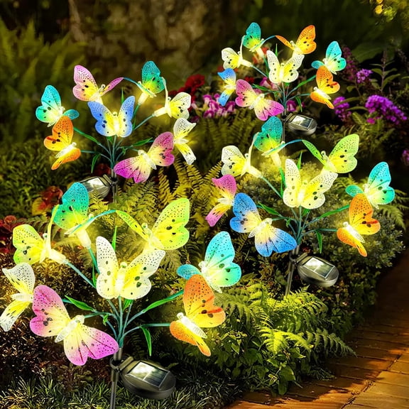 Solar Garden Lights Outdoor: 8 Removable Fiber Optic Fabric Butterflies 4 - Fun Decoration for Yard Patio - Gardening Gifts for Garden Lovers