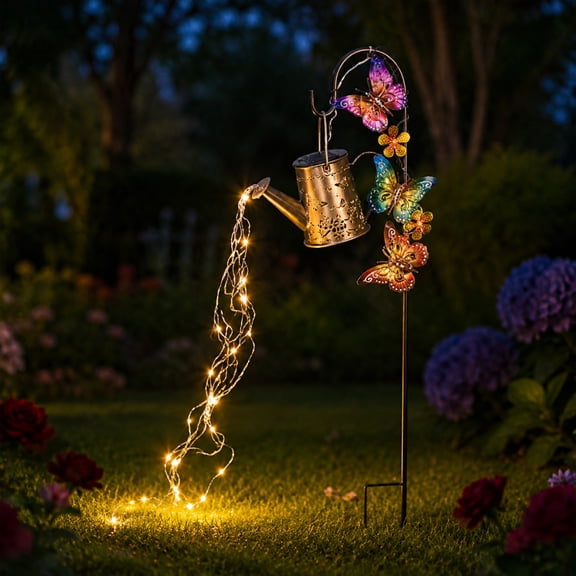 Solar Garden Lights Outdoor Butterfly Shepherd Hook Watering Can Lamp Solar Powered LED Home Fashion Landscape Decorative Lighting for Yard Patio, Multicolor 79*20cm,1PC