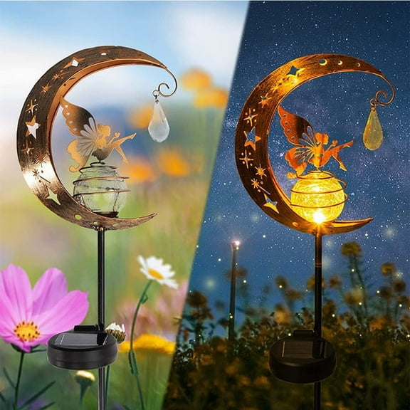 Solar Garden Lights Outdoor Decor, Pathway Stake Lights, Moon Fairy Glass Globe with Angel Decor for Walkway, Yard, Lawn, Patio or Courtyard ( 1 Pack) Valentines Day Mothers Day Gifts