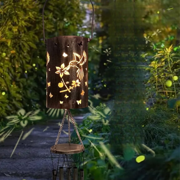 Solar Garden Lights Outdoor Decor, Wind Chime with Hummingbird Stake Light, Waterproof Solar Powered Lantern for Patio, Yard, Pathway, Garden Decorations, Warm White LED
