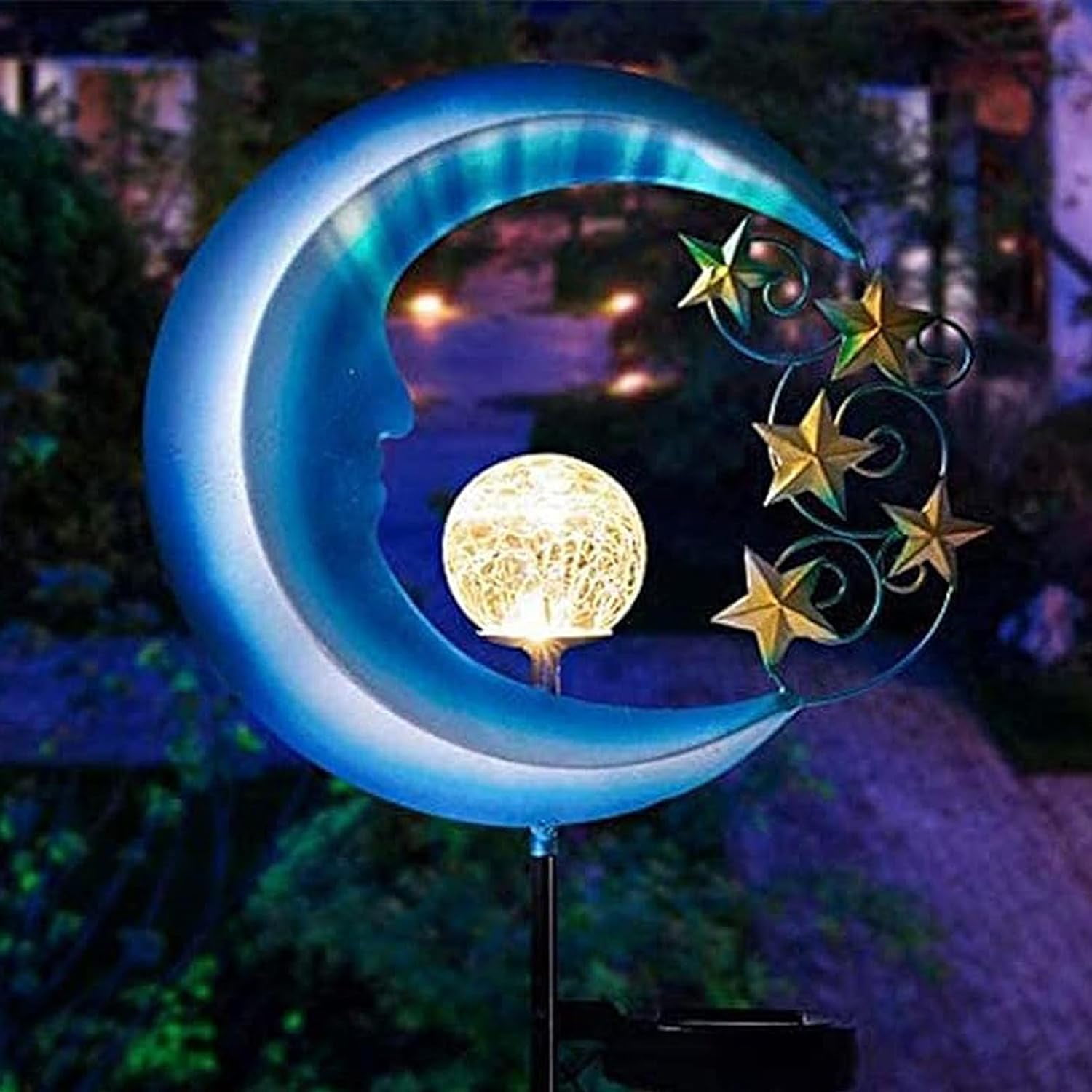 Solar Garden Lights Outdoor, Metal Moon Solar Stake Lights with Crackle ...