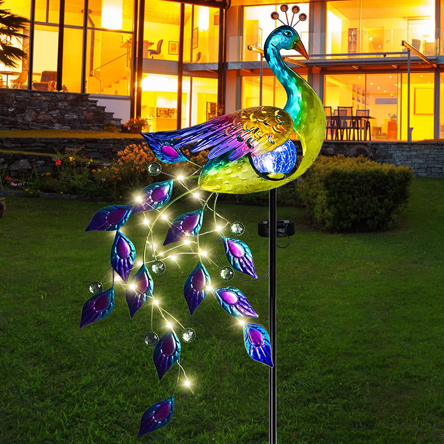 Solar Garden Lights Outdoor Metal Peacock Decor with LED String
