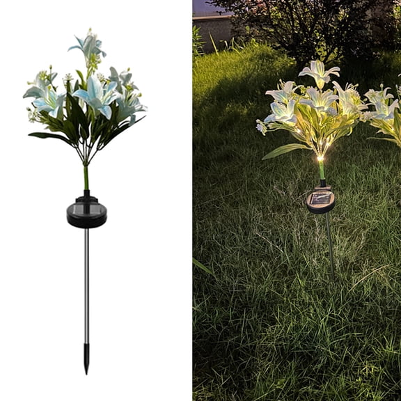 Solar Garden Lights Outdoor Pathway Decor Artificial 7 Head Lilium Flower Ground Plug LED Lamp Blue