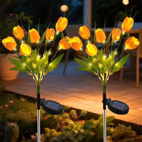 Rirool Solar Garden Lights Outdoor, 2 Pack Solar Tulip Lights with 14 Flowers, IP65 Waterproof LED Stake Light for Yard, Pathway, Patio, Landscape (Yellow)