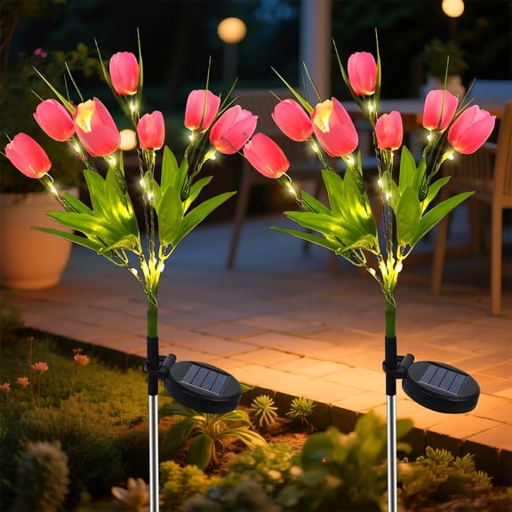 Rirool Solar Garden Lights Outdoor, 2 Pack Solar Tulip Lights with 14 Flowers, IP65 Waterproof LED Stake Light for Yard, Pathway, Patio, Landscape (Pink)