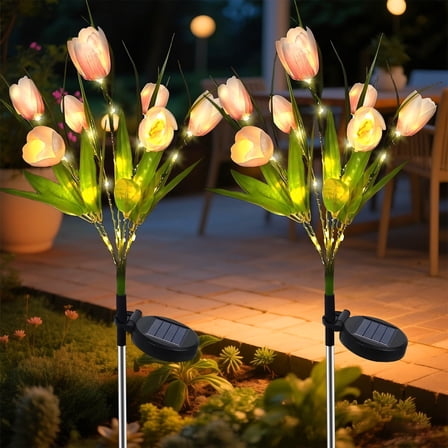 Rirool Solar Garden Lights Outdoor, 2 Pack Solar Tulip Lights with 14 Flowers, IP65 Waterproof LED Stake Light for Yard, Pathway, Patio, Landscape (Lavender)