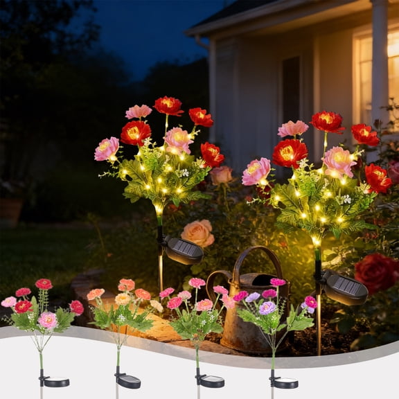 Solar Garden Lights Outdoor,Upgraded Solar Flowers Lights Waterproof LED Red Artificial Flower Garden Decor Solar Stake Lights For Pathways Lawns Patio Yard Auto Off On Landscapes Lighting