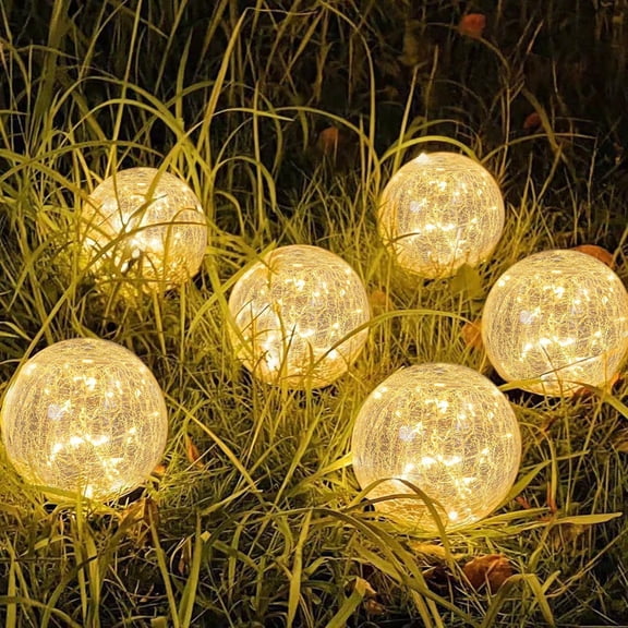 Solar Garden Lights Outdoor Waterproof, 6 Pack LEDs Cracked Glass Ball Light, Ground Landscape Decor, Globe Decorative for Pathway/Patio/Lawn/Yard, 3.9"