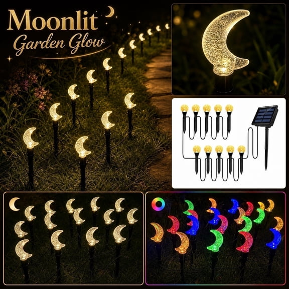 Solar Garden Lights Outdoor Waterproof, Outdoor Solar Pathway Lights for Yard, Solar Stake Lights Outdoor, Yard Lights Solar Powered Waterproof, 3.5M 10 Led Moon-Shaped 4.5In