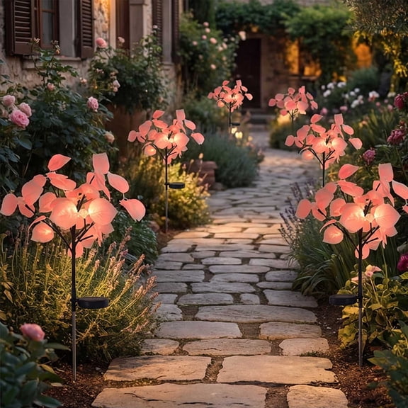 Solar Garden Lights Outdoor Waterproof-Pink Eucalyptus Leaf LED Pathway Tree Lamp for Yard, Patio, Lawn, Weddings, Gifts and Christmas Decor