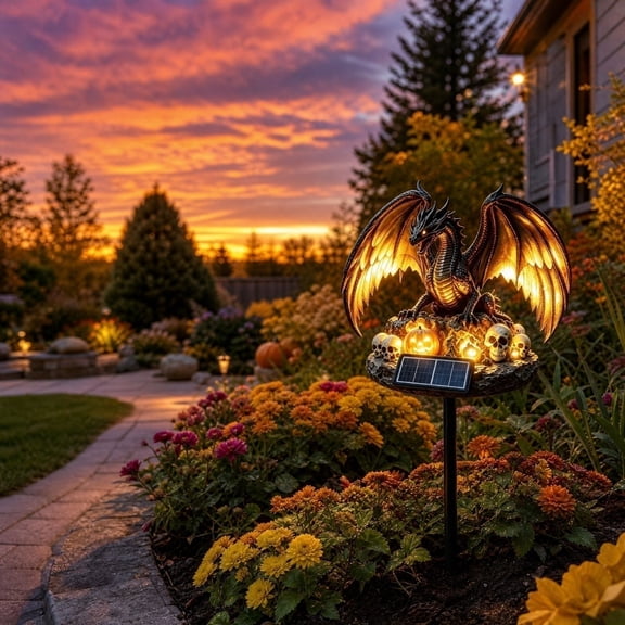 Solar Garden Lights Outdoor, Winged Guardian Dragon Statue, Resin Mythical Beast Sculpture with Warm LED, Waterproof Auto On/Off Dusk to Dawn Decor for Patio Lawn Pathway Yard Art