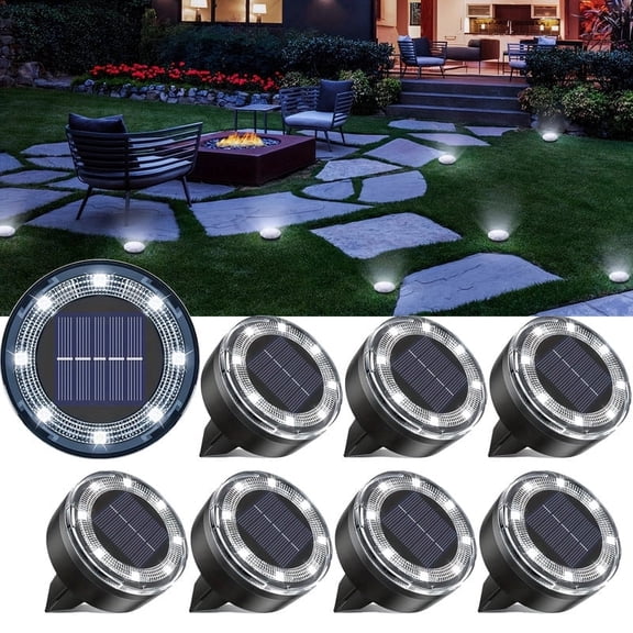 Solar Garden Lights, Set of 8 8-LED Solar Lights, Outdoor Disc Lights, Smart Light-Sensing Control, Transparent Light-Emitting Panel Design, Brighter Outdoor Lighting, Ideal for Villas