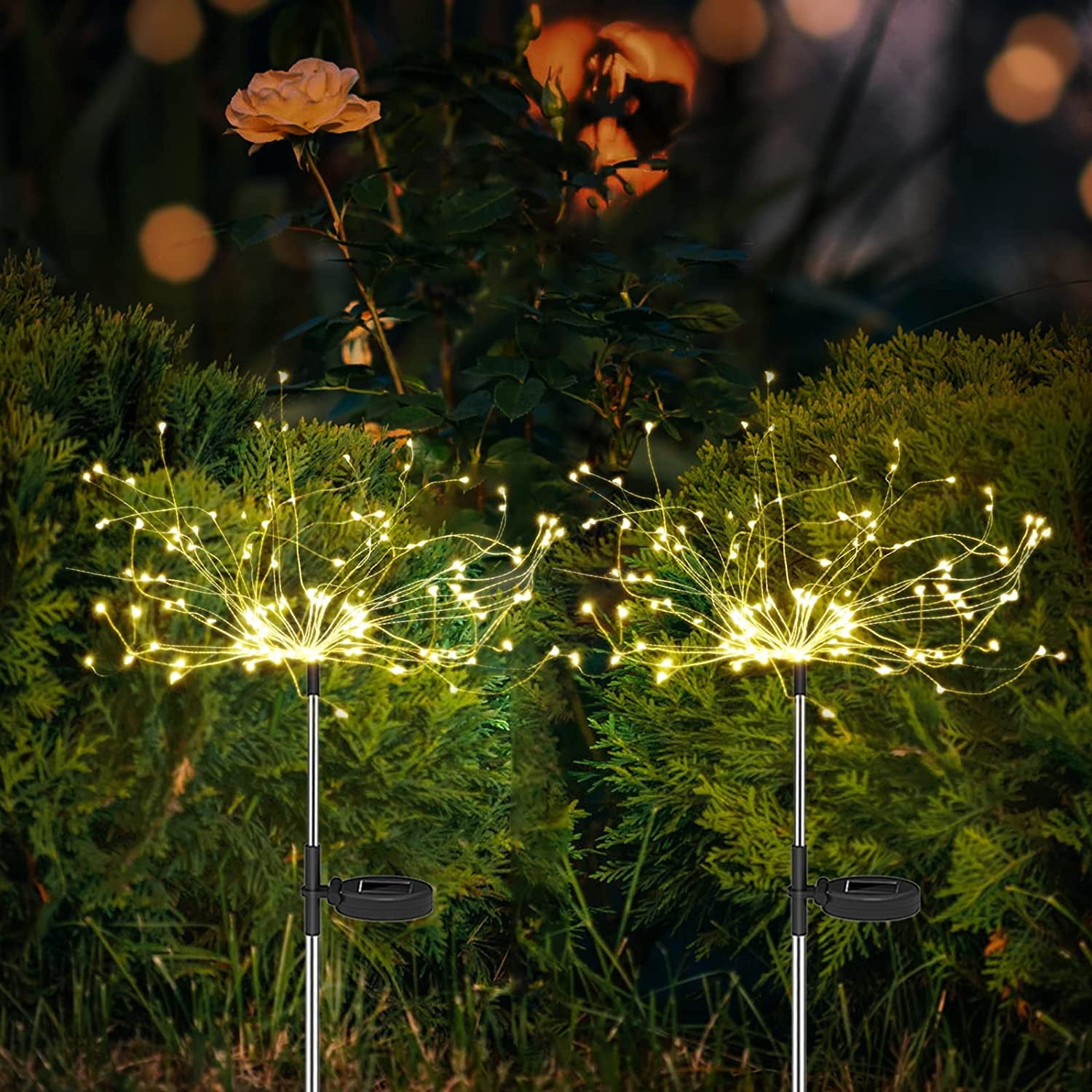Solar Garden Lights Solar Firework Lights 120 LED 2 Pack, Waterproof Solar Lights Outdoor Garden Fairy for Outside Landscape, Yard Decor, Lawn, Patio, Christmas Decoration Parties (Warm White)