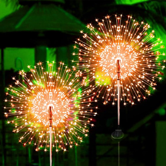 Solar Garden Lights Solar Firework Lights, 2 Pack 120 LEDs 2 Lighting Modes Solar Lights Outdoor Waterproof for Garden Patio Walkway Pathway Party Wedding Christmas Decorative - Orange