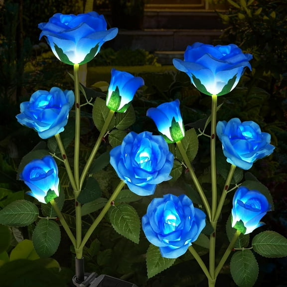 Solar Garden Lights, Solar Outdoor Lights with More Realistic 10 Rose Waterproof Solar Powered Flowers Lights for Outside Patio Yard Pathway Decorations, 2 Pack, Blue