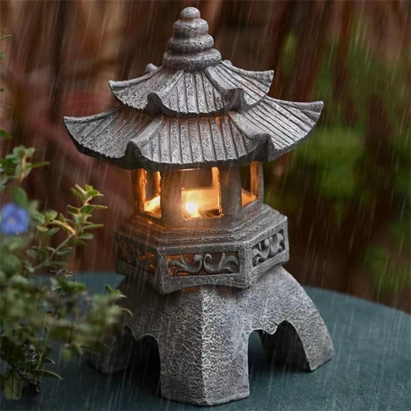 Solar Garden Lights, Zen Stone Pagoda garden stake lights, LED Ground Stake Light with ChineseStyle Lantern for Yard Patio, Oriental solar garden lights for Yard & Halloween garden stakes Display