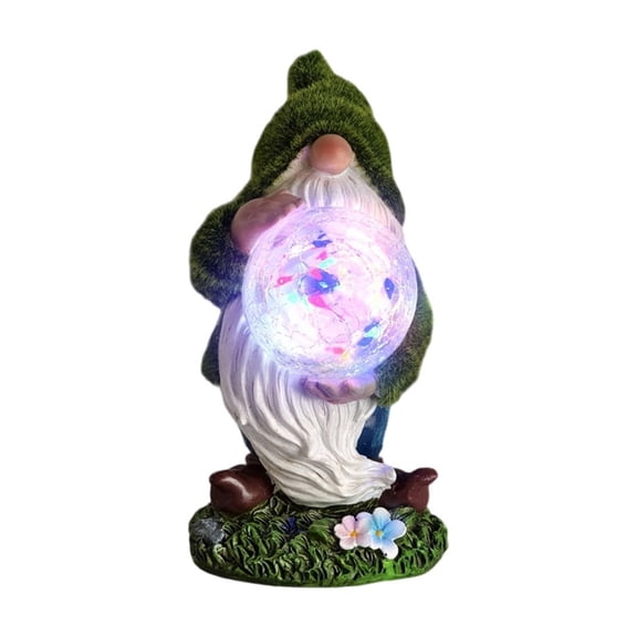 Solar Garden Male Gnome Statue, Resin Garden Gnome Holding Crackle Glass Globe,11.8''H Waterproof LED for Patio, Yard, Flower Bed and Pathway