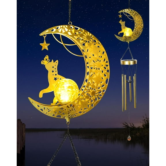 Solar Garden Outdoor Decor, Moon Cat Hanging Wind Chimes, Housewarming Ornament for Patio, Lawn, Yard, Pathway - Unique Gift Ideas for Gardening Mom Grandma Women