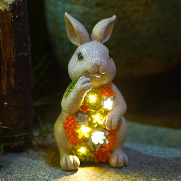 Solar Garden Outdoor Statue Light Grey Bunny with Succulent and 7 LED Lights Lawn Patio Yard Decor
