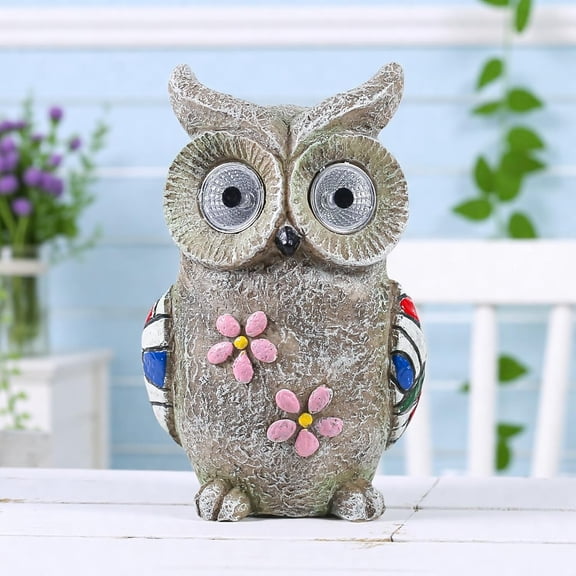 Solar Garden Owl Statue - Decorative Owl Figurine with Solar Powered Eyes, Gray Stone-Look Finish for Outdoor Decor