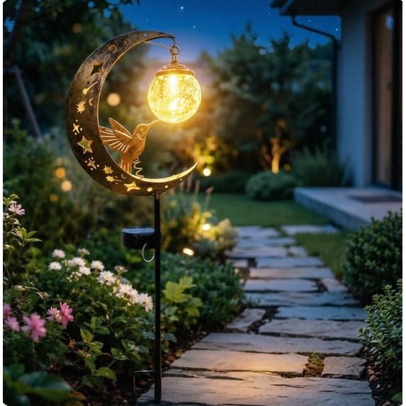 Solar Garden Stake Light with Crackle Glass Globe Moon & Hummingbird Outdoor LED Lantern Waterproof Rustic Metal Pathway Decor for Yard Patio and Garden