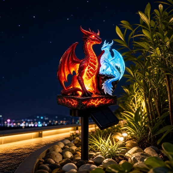 Solar Garden Stake Light Fire and Ice Statue, Solar Powered Outdoor Lamp with Glow Base, Waterproof Gothic Medieval Halloween Yard Decor