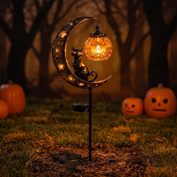 Solar Garden Stake Light, Metal Crescent Moon with Pumpkin for Halloween Outdoor Yard Decor, Waterproof Solar Stake Light for Garden Pathway Patio, Autumn Fall Decoration for Lawn Flower Bed Entryway