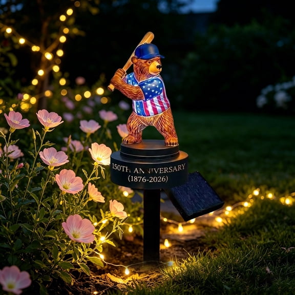 Solar Garden Stake Light Patriotic Baseball Bear Outdoor Lighting Warm LED Pathway Landscape Lamp for 4th of July Independence Day USA 250th Anniversary Lawn Flower Bed Patio Backyard Decor