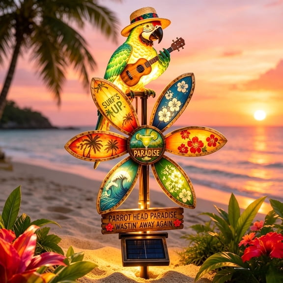 Solar Garden Stake Light with Wind Spinner, 17.7" Parrot Head Paradise Waterproof Resin Outdoor Lamp, Tropical Surf Yard Decor for Patio Lawn Backyard Pool Gift