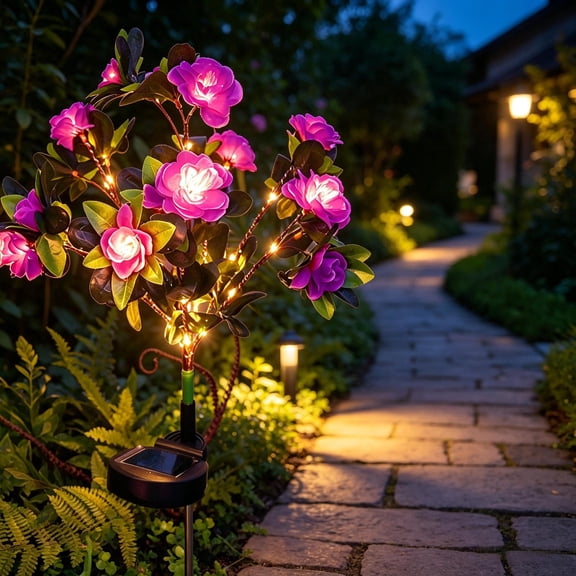 Solar Garden Stake Lights 27.5 Inch, Solar Powered Outdoor Ground Lights with Artificial Flower Plants, Waterproof LED Landscape Lights for Yard Lawn Patio Pathway Decor