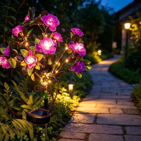 Solar Garden Stake Lights 27.5 Inch, Solar Powered Outdoor Ground Lights with Artificial Flower Plants, Waterproof LED Landscape Lights for Yard Lawn Patio Pathway Decor