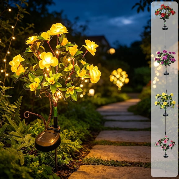 Solar Garden Stake Lights 27.5 Inch, Solar Powered Outdoor Ground Lights with Artificial Flower Plants, Waterproof LED Landscape Lights for Yard Lawn Patio Pathway Decor