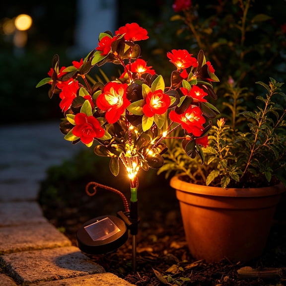 Solar Garden Stake Lights 27.56in Artificial Azalea Flower Outdoor Waterproof LED Path Lights for Yard Patio Lawn Pathway Landscape Decor Auto On/Off Dusk to Dawn Solar Powered Lamp(Red)