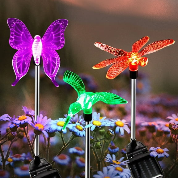 Solar Garden Stake Lights Outdoor, Color Changing Solar Powered LED Lights, Decorative Waterproof Night Lights for Patio, Lawn, Backyard 3 Pack (Butterfly, Dragonfly, Hummingbird)
