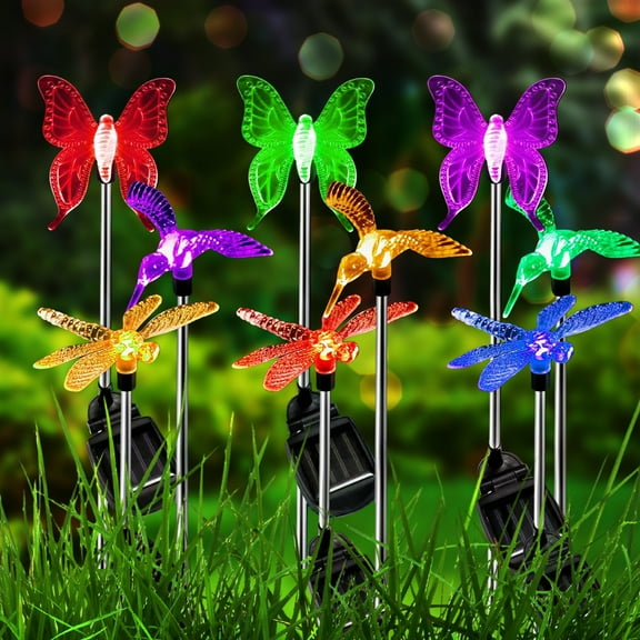 Solar Garden Stake Lights Outdoor, Color Changing Solar Powered LED Lights, Decorative Waterproof Night Lights for Patio, Lawn, Backyard 3 Pack (Butterfly, Dragonfly, Hummingbird)