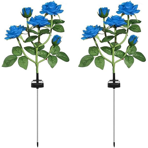 Solar Garden Stake Lights, Rose Flowers Lights LED Yellow Solar Stake Lights with 10 Roses Waterproof for Garden, Yard, Christmas Pathway, Grave Decor(2 Pack-Blue)