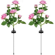 Solar Garden Stake Lights, Rose Flowers Lights LED Yellow Solar Stake Lights with 10 Roses Waterproof for Garden, Yard, Christmas Pathway, Grave Decor2 Pack-Pink