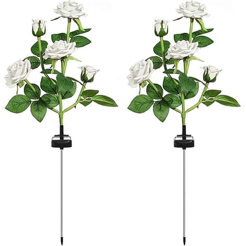 Solar Garden Stake Lights, Rose Flowers Lights LED Yellow Solar Stake Lights with 10 Roses Waterproof for Garden, Yard, Christmas Pathway, Grave Decor(2 Pack-White)