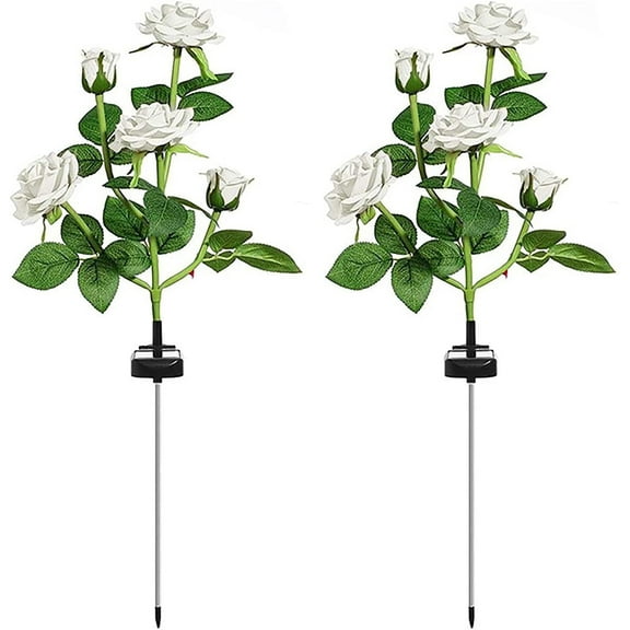 Solar Garden Stake Lights, Rose Flowers Lights LED Yellow Solar Stake Lights with 10 Roses Waterproof for Garden, Yard, Christmas Pathway, Grave Decor(2 Pack-White)