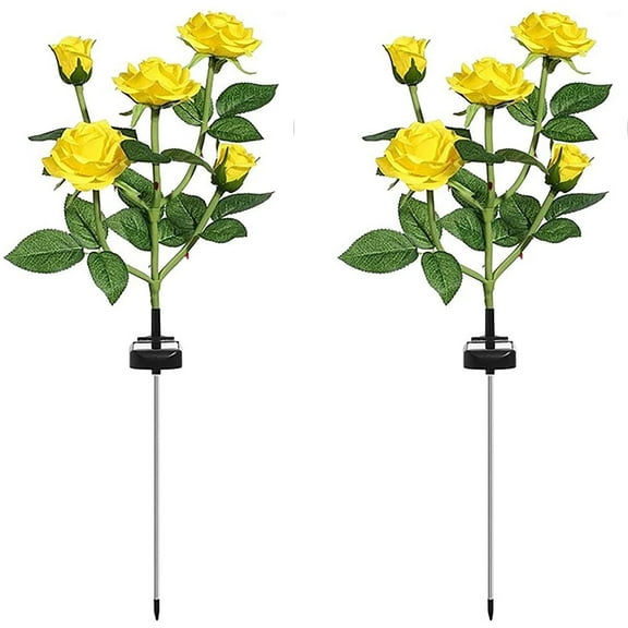 Solar Garden Stake Lights, Rose Flowers Lights LED Yellow Solar Stake Lights with 10 Roses Waterproof for Garden, Yard, Christmas Pathway, Grave Decor(2 Pack-Yellow)