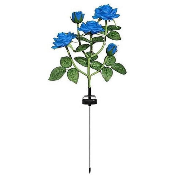 Solar Garden Stake Lights, Rose Flowers Lights LED Yellow Solar Stake Lights with 5 Roses Waterproof for Garden, Yard, Christmas Pathway, Grave Decor(1 Pack-Blue)