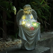 Solar Garden Statue Angel Figurine with Succulent and 5 LED Lights- Outdoor Decor Gifts for Mom Grandma or Cemetery Decorations for Patio, Balcony, Yard, Lawn Grave Garden Memorial Stones
