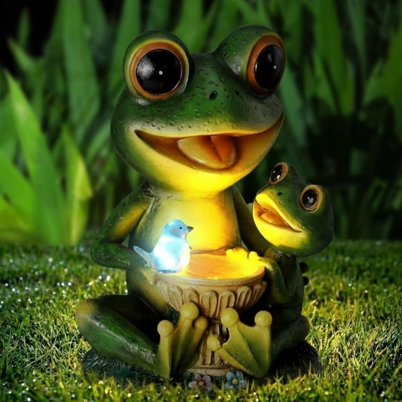 Solar Garden Statue Frog with Bird Bath, Mother & Child Frog Outdoor Decor with LED Light, Waterproof Resin Yard Ornament, Cute Frogs Gift for Mom Grandma Women, Patio Lawn Balcony Decoration