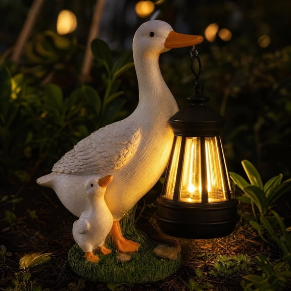 Solar Garden Statue, Outdoor Goose Decor with Solar Light, White Duck Figurines Light Yard Art Sculpture for Porch, Patio, Lawn, Yard, Gift for Moms, Grandmas, Women Housewarming
