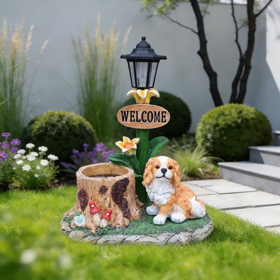 Solar Garden Statue Planter, Gray Tabby Cat Figurine with Solar Lantern & Welcome Sign, Barrel Style Flower Pot for Yard Patio Lawn Outdoor Decor