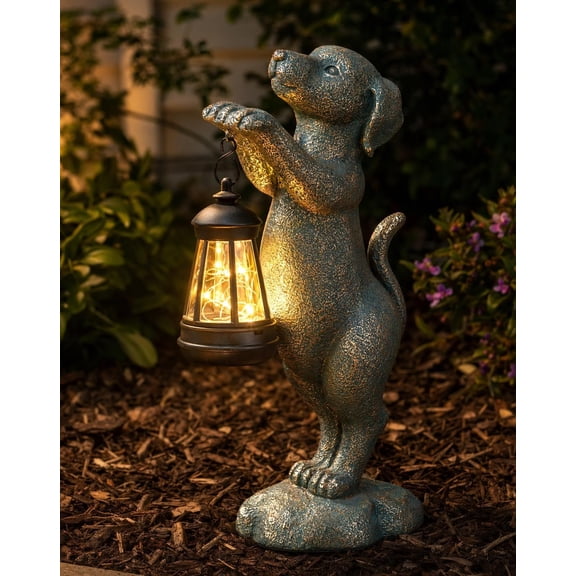 Solar Garden Statue - Puppy Holding Lantern Outdoor Decor, Yard Art Figurine with Warm LED Light for Lawn, Patio, Porch & Pathway, Housewarming for Lovers