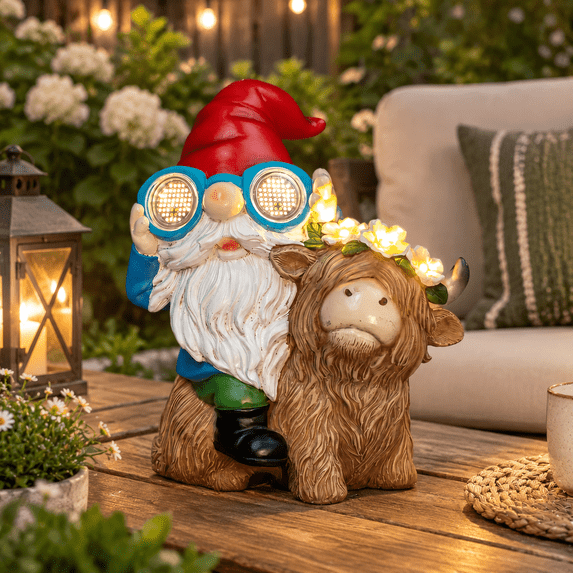 Solar Statue Solar Garden Statue Riding Highland Cow Outdoor Yard Decor With Flower ...