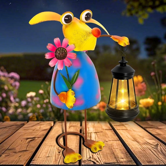 Solar Statue Solar Garden Statue with Lantern, Metal Animal Figurine Solar Powered ...