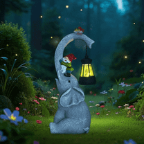 Solar Garden Statues Lights Outdoor, Elephant Figurines with Cute Gnome Garden Sculpture Decor for Balcony, Garden, Patio, Yard, Lawn - Birthday Housewarming Gifts for Women Mom Grandma