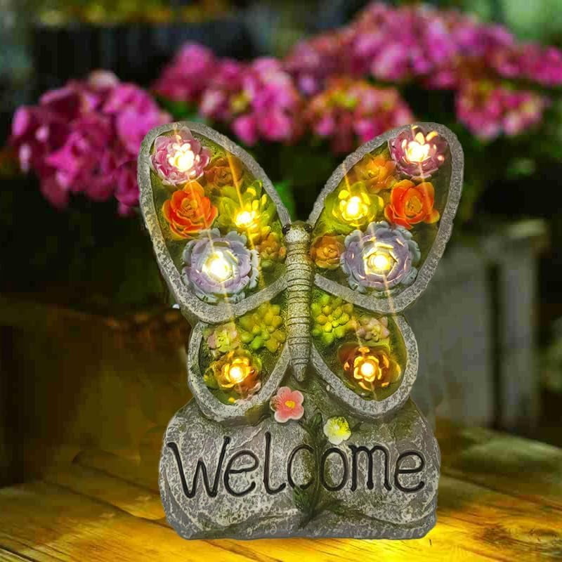 Solar Garden Statues Lights, Succulent Butterfly Resin Lamp with 8 LED, Outdoor Decoration Statues with Welcome Sign Table Lamp for Patio Lawn Yard, Garden Gifts for Mom (Purple Succulent)